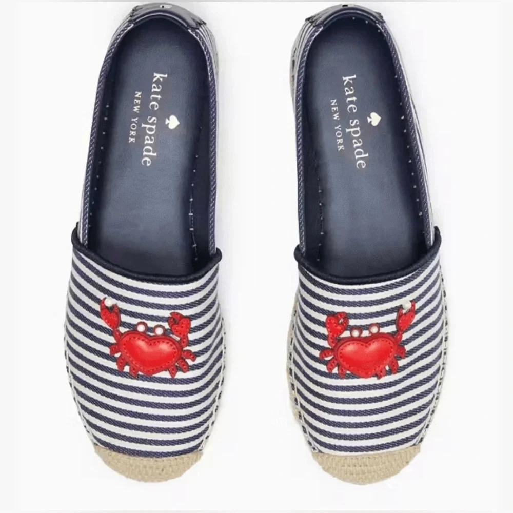 Kate Spade Navy and White Striped Espadrilles with Red Crab Detail - Picture 3 of 10